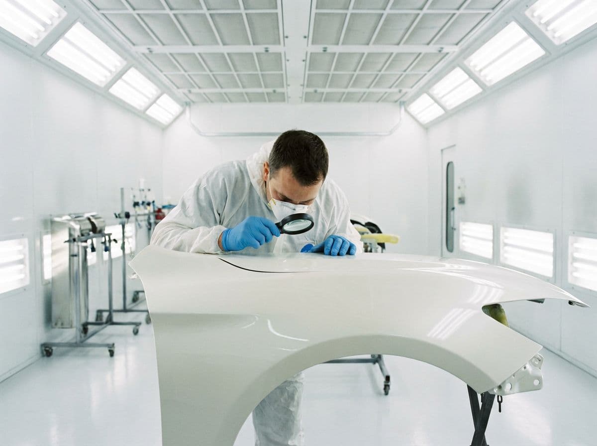 Worker inspecting paint surface in silicone-free paint booth