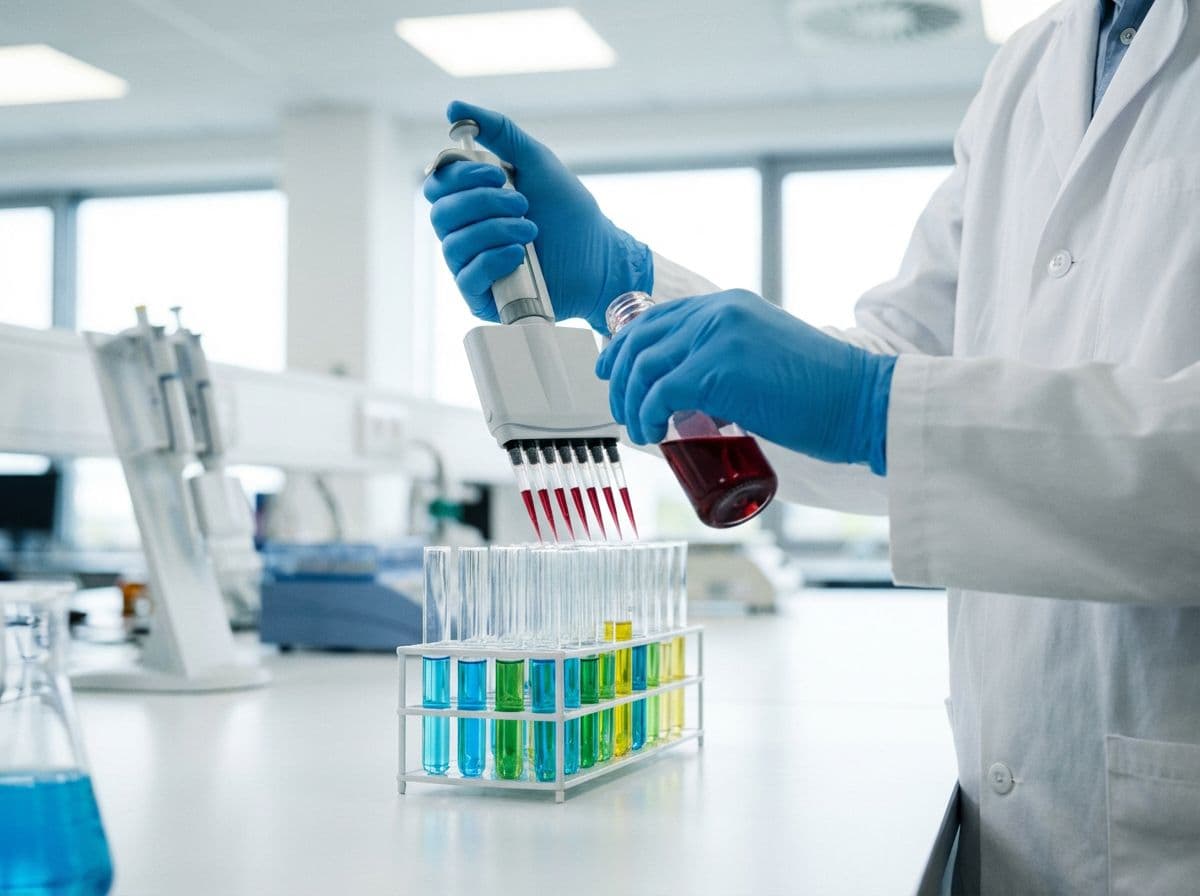 Scientist pipetting chemical reagent into test tubes