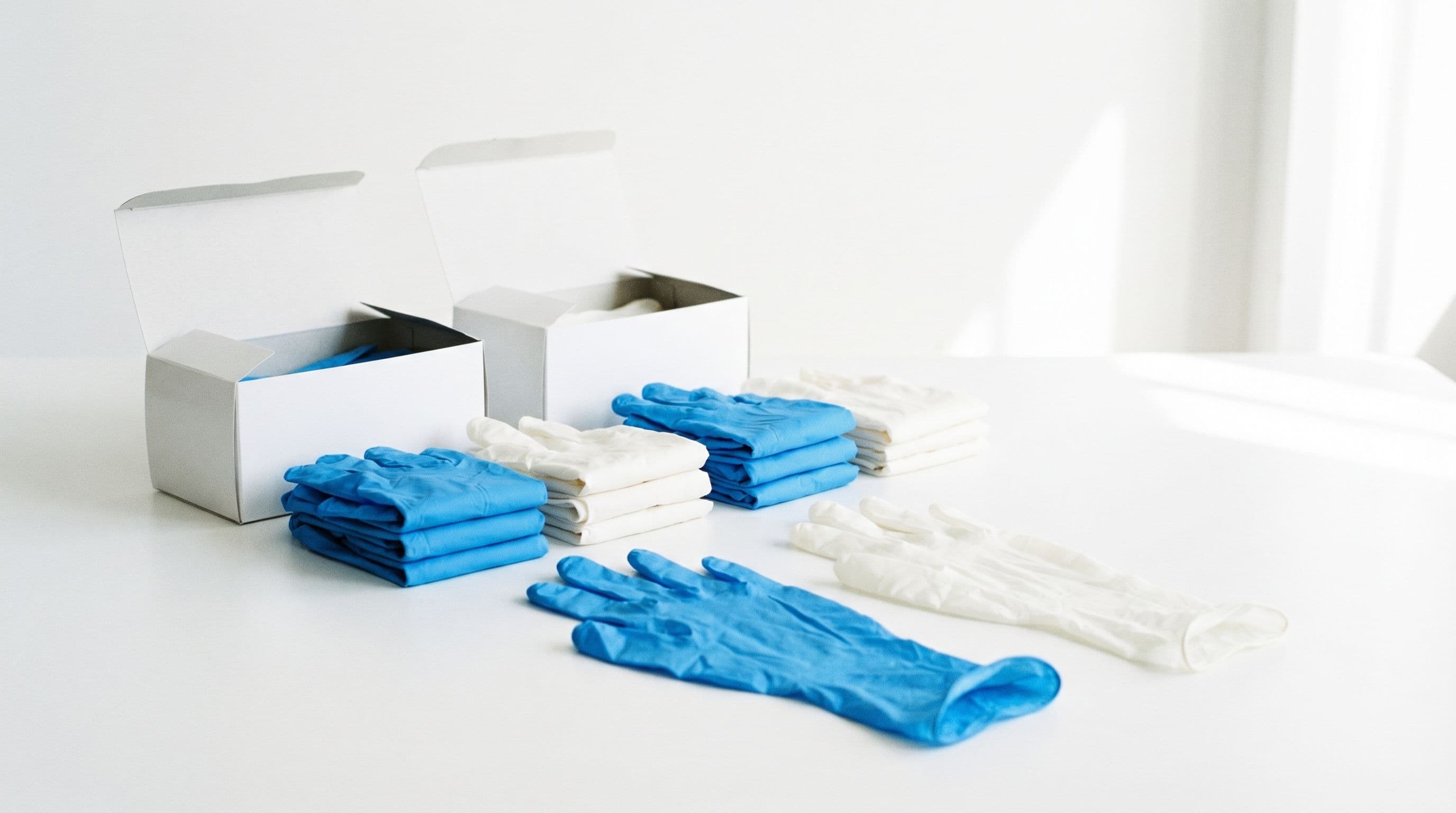 PharmShield product range — blue nitrile and white latex gloves