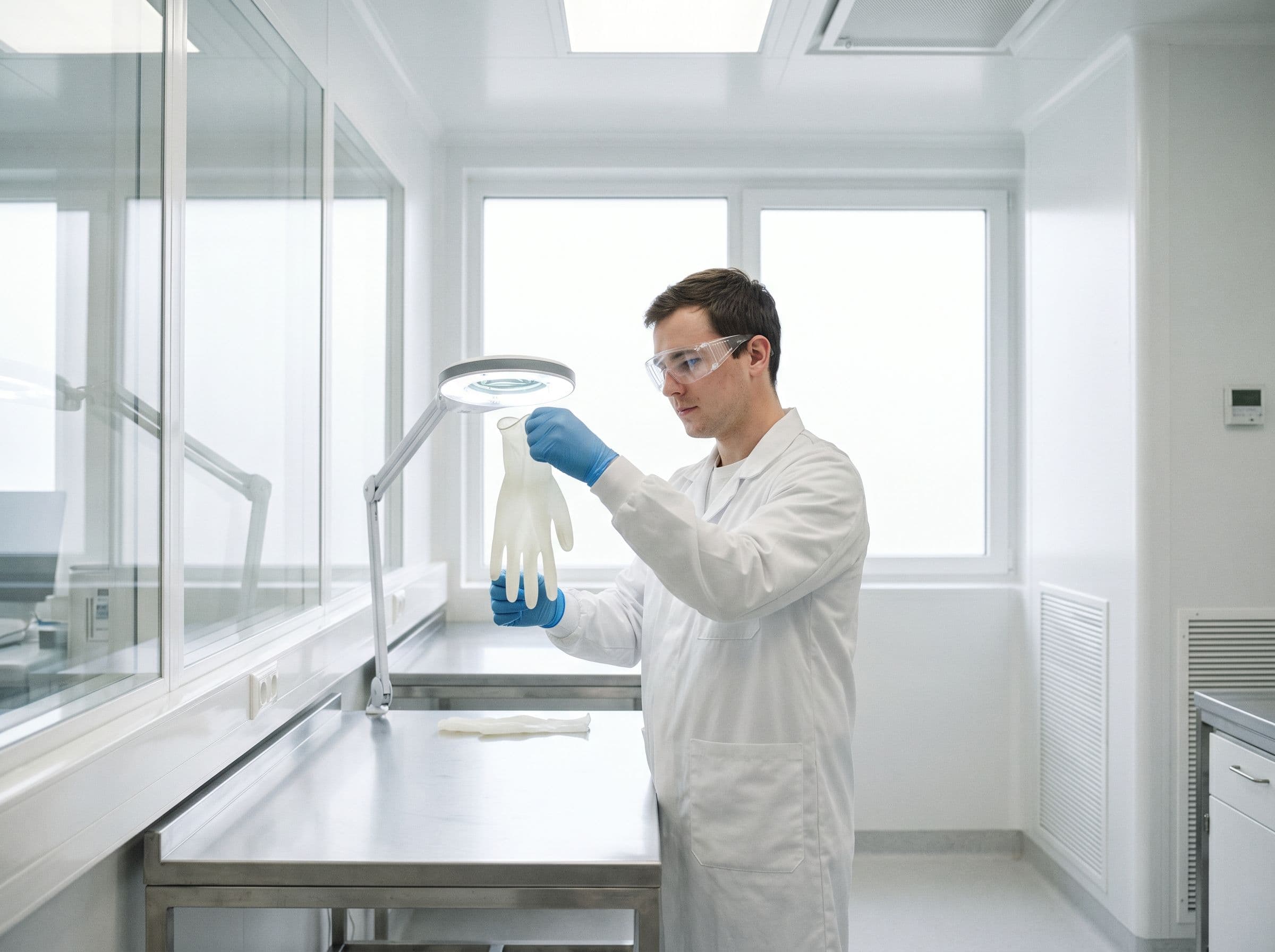 Quality inspector examining medical-grade glove in cleanroom